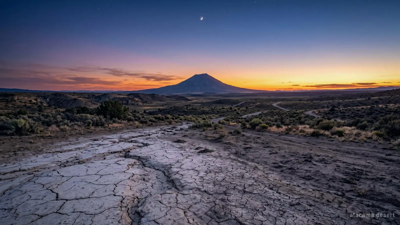 A wide high desert basin at dusk, a volcanic cone on the horizon and the first stars overhead